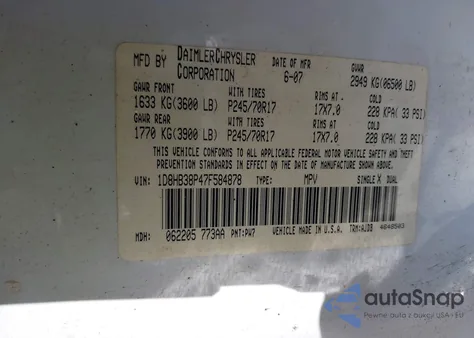 2007 Dodge Durango Sxt z USA, uszkodzony, nr VIN 1D8HB38P47F584878